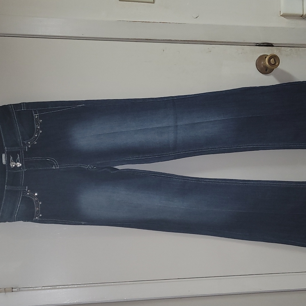 Cache jewel & sequin embellished boot cut jeans